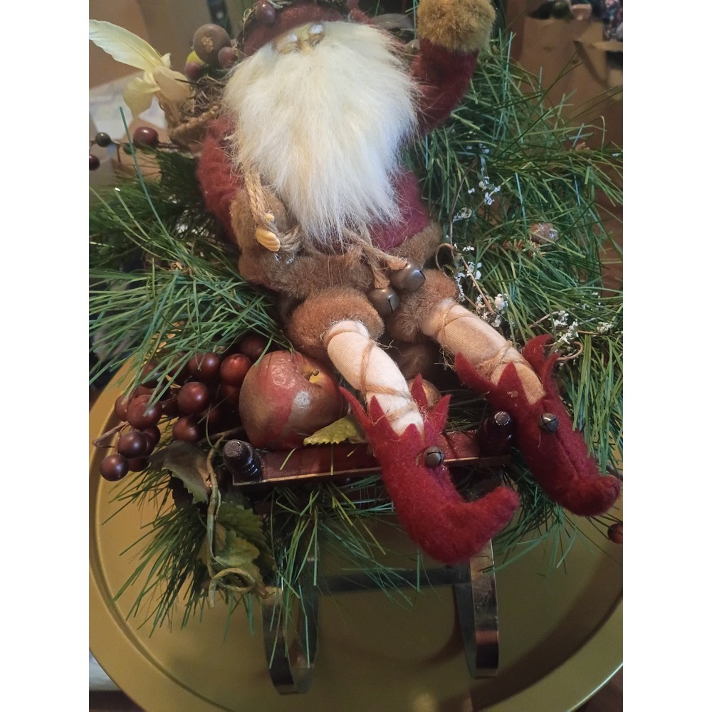 Vintage Santa Claus in Wooden Sleigh Christmas Decor Pine Berries Plaid Bow 14in